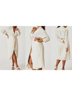 Anthropologie V Neck Knot Front Linen Blend Midi Dress 26W Ivory Classic NWT